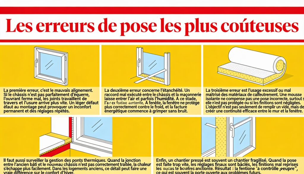 Les erreurs de pose les plus coûteusesLa première erreur, c’est le mauvais alignement. Si le châssis n’est pas parfaitement d’équerre, l’ouvrant ferme mal, les joints travaillent de travers et l’usure arrive plus vite. Un léger défaut au montage peut provoquer un inconfort permanent et des réglages répétés.La deuxième erreur concerne l’étanchéité. Un raccord mal exécuté entre le châssis et la maçonnerie laisse entrer l’air et parfois l’humidité. À ce stade, la fenêtre ne protège plus correctement contre le froid, et la facture énergétique commence à grimper sans bruit.La troisième erreur est l’usage excessif ou mal maîtrisé des matériaux de calfeutrement. Une mousse isolante ne compense pas une pose incorrecte, surtout si elle n’est pas protégée ou si les finitions sont négligées. L’objectif n’est pas seulement de remplir un vide, mais de créer une continuité efficace entre le mur et la fenêtre.Il faut aussi surveiller la gestion des ponts thermiques. Quand la jonction entre l’ancien bâti et le nouveau châssis n’est pas correctement traitée, la chaleur s’échappe plus facilement. Dans les logements anciens, ce détail peut faire une vraie différence sur le confort d’hiver.Enfin, un chantier pressé est souvent un chantier fragilisé. Quand la pose est faite trop vite, les réglages finaux sont bâclés, les finitions mal reprises et les contrôles absents. Résultat : la fenêtre fonctionne “à peu près”, ce qui est souvent la porte ouverte aux problèmes futurs.